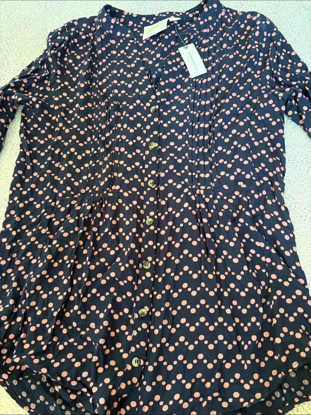 Maeve Anthropologie Navy Blouse with Pink Polka Dots Roll Tab Sleeves